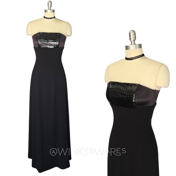 Cache Vintage 90s Black Leather Maxi Dress Size XS P Strapless Reptile Gothic - Picture 1 of 11